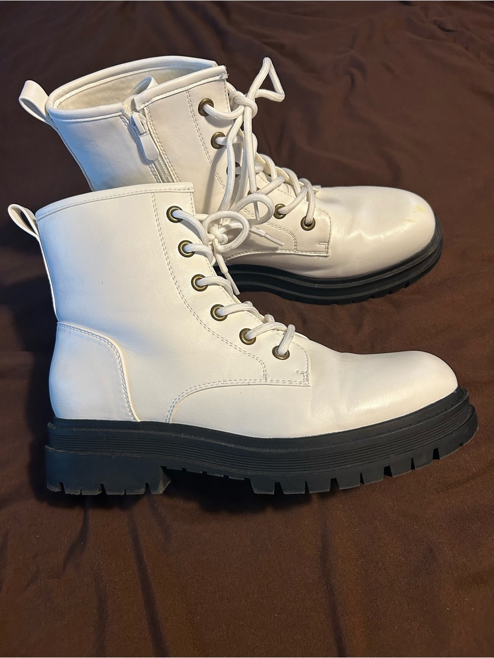 White Lace-Up Combat Boots for Women - Rugged Lug Sole